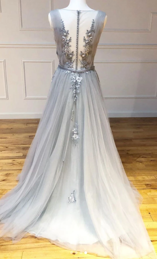 Gray round neck tulle lace long prom dress gray lace evening dress CD5123
