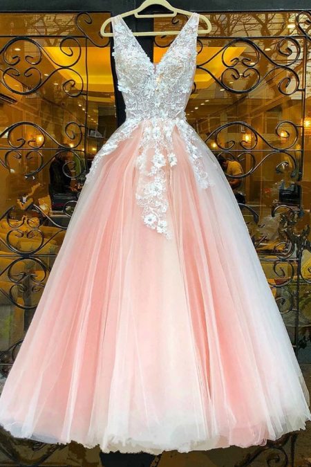 PINK V NECK LACE TULLE LONG PROM DRESS PINK LACE EVENING DRESS CD5132