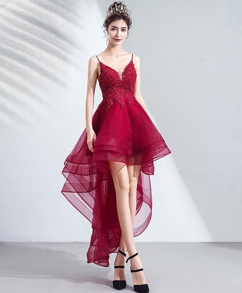 Burgundy tulle lace high low party dress lace homecoming dress CD5154