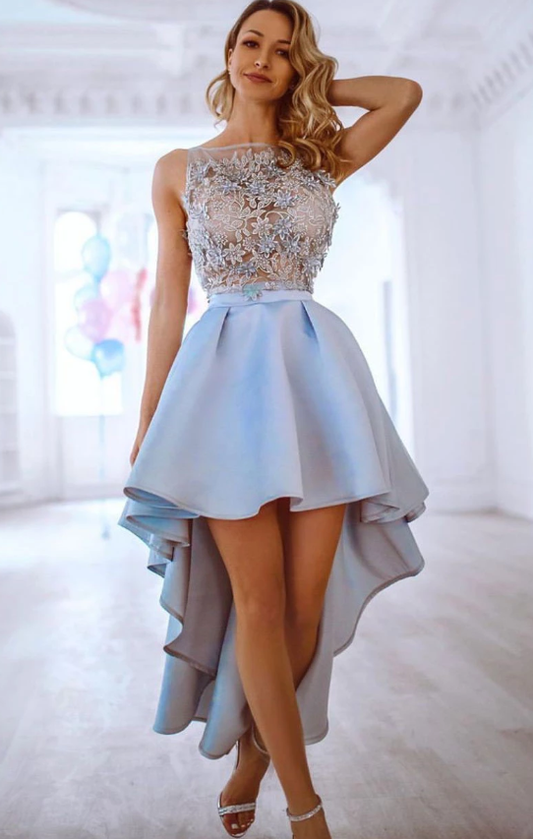 Blue lace short prom dress blue party dress CD5156