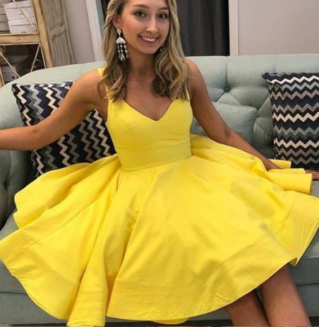 A-line Yellow Satin Short Party Dress Homecoming Dress CD5190