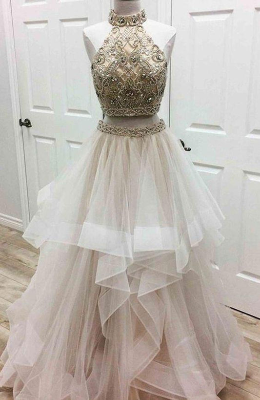 two piece prom dresses, tulle prom dresses, prom dresses for teens, beaded prom dresses, unique prom dresses CD5218