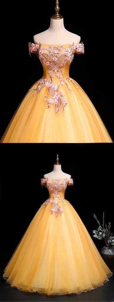 Yellow Tulle Off Shoulder Long Custom Size Senior Prom Dress, Evening Dress CD5226