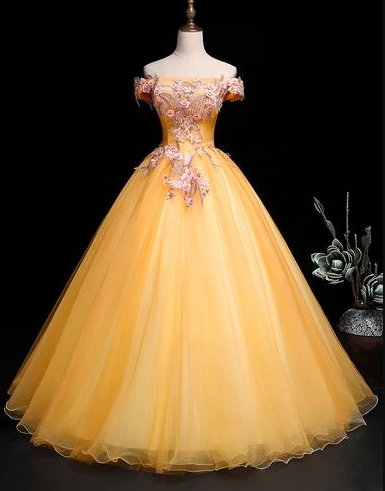 Yellow Tulle Off Shoulder Long Custom Size Senior Prom Dress, Evening Dress CD5226