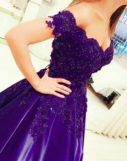 purple ball gown prom dresses elegant lace off shoulder satin gown CD5233
