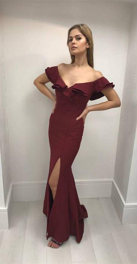 Mermaid Off-the-Shoulder, Burgundy Prom Dress, with Split Ruffles, Long Prom Dress With flouncing, Evening Gowns CD5250
