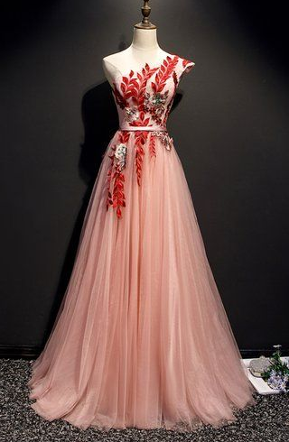 Pink Tulle One Shoulder Flower Lace Applique Long Prom Dress, Party Dress CD5273