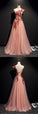 Pink Tulle One Shoulder Flower Lace Applique Long Prom Dress, Party Dress CD5273