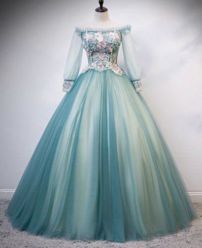 Unique Green Tulle Long Sleeve Strapless Formal Prom Dress, Evening Dress CD5274