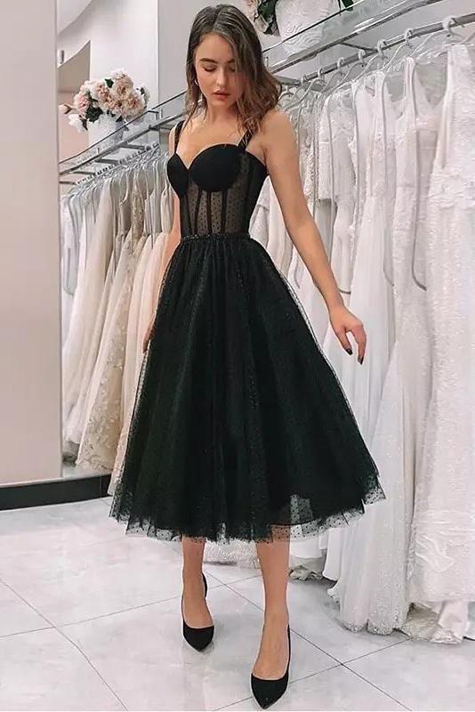 Sweetheart Bodice Black Tea Length Prom Dress CD5288