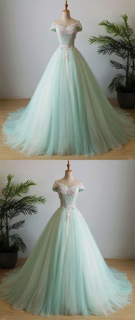 Green V Neck Tulle Beads Long Prom Dress, Tulle Evening Dress CD5292