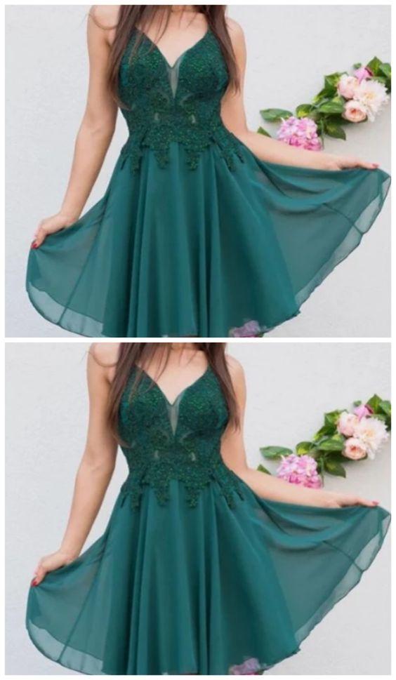 A Line V Neck Short Green Lace homecoming Dresses, V Neck Short Lace Dresses CD5447