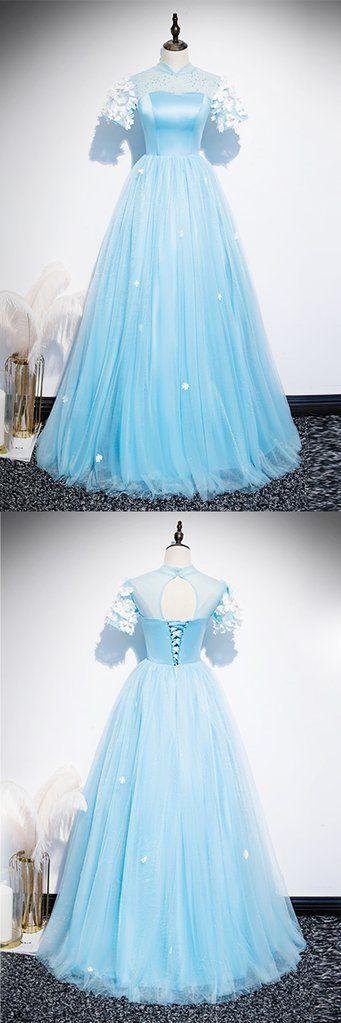 Fresh Blue Tulle Satin Short Sleeve Long Senior Prom Dress, Formal Dress CD5450