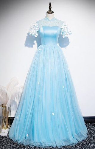 Fresh Blue Tulle Satin Short Sleeve Long Senior Prom Dress, Formal Dress CD5450