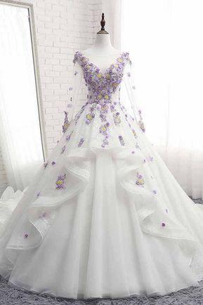 White Tulle Ruffles Long 3D Flower Lace Applique Prom Dress, Quinceanera Dress With Sleeve CD5456