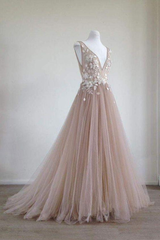 Unique champagne tulle lace applique long prom dress, champagne evening dress CD5502