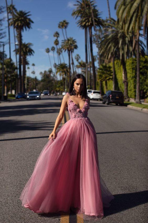 Dusty Pink Beaded Tulle Gown, Long Prom Dress CD5534