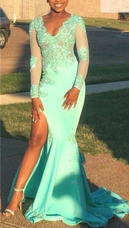 Custom Made New Mermaid Prom Dresses V Neck Mint Green Lace Long Sleeves Prom Dress High Split Evening Gowns CD5538