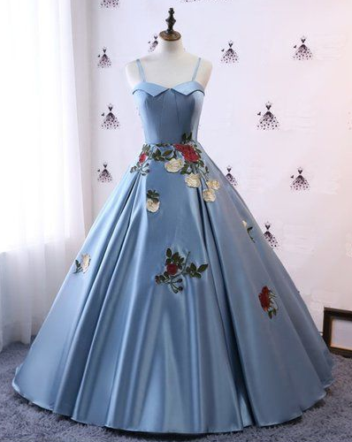 Blue Satin 2024 Modest Spaghetti Straps Lace Applique Pageant Prom Dress CD5569