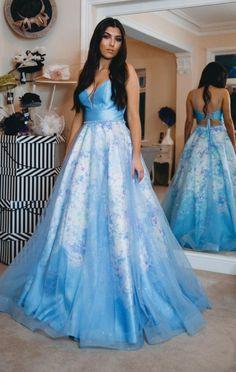 Sexy Straps Tulle Blue Appliques Prom Dress, Long Evening Party Dress CD5618
