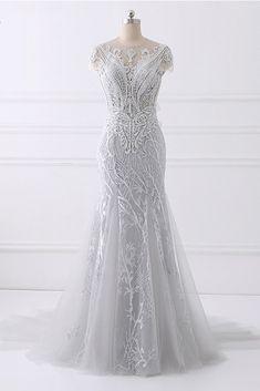 Spring Gray Tulle Long Mermaid Prom Dress, Beaded Lace Evening Gown CD5628