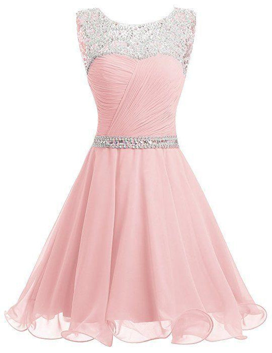 Short Chiffon Open Back Party Dress With Beading Homecoming Dress Pink CD5648