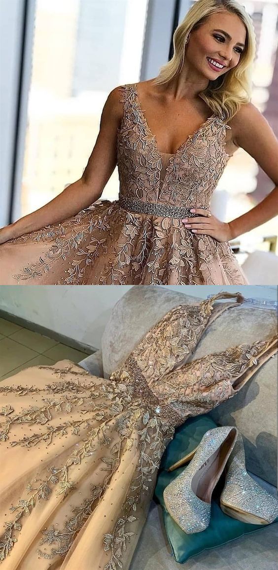 champagne lace long prom dresses, ball gown prom dresses, formal prom dresses with beading CD5732