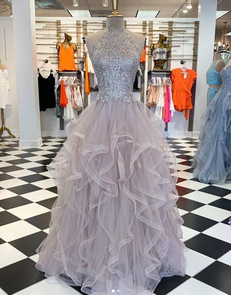 Unique high neck tulle lace long prom dress tulle formal dress CD5741