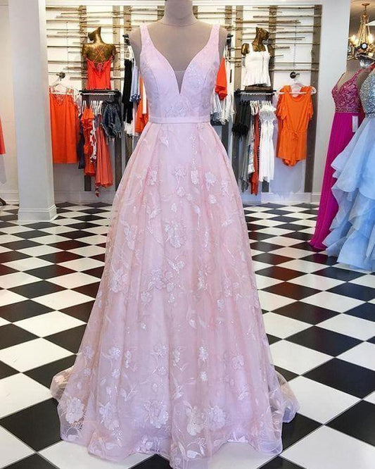 V-neck Pink Lace Pleated Long Prom Dress CD5777
