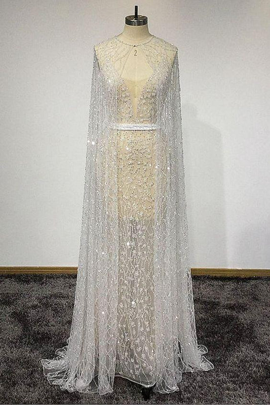 White Tulle Two Pieces Long Beaded Prom Dress With Illusion Mantle CD5852