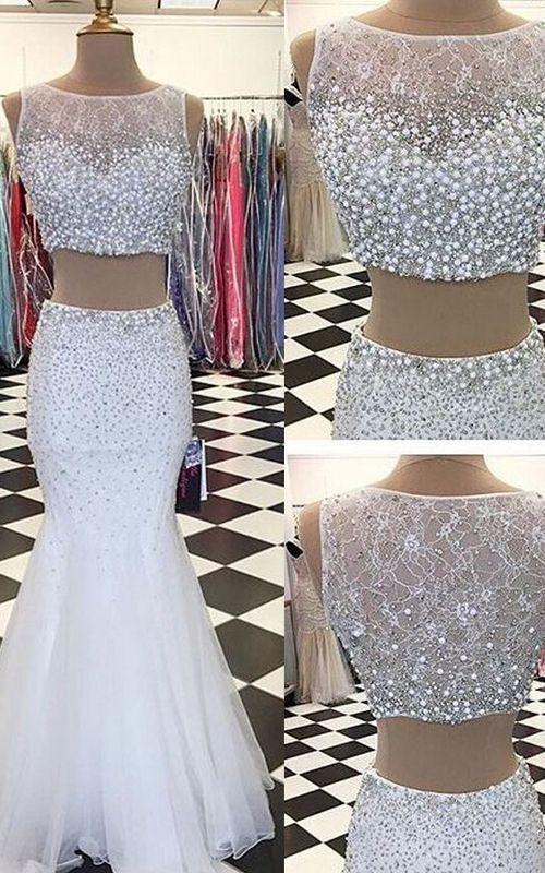 White Tulle Prom Dresses Mermaid Long Sleeveless Evening Dresses Two Piece Formal Gowns CD5888