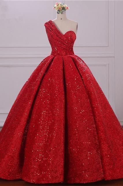 Ball Gown One Shoulder Sequins Red Sweetheart Prom Dresses, Quinceanera Dresses CD5925