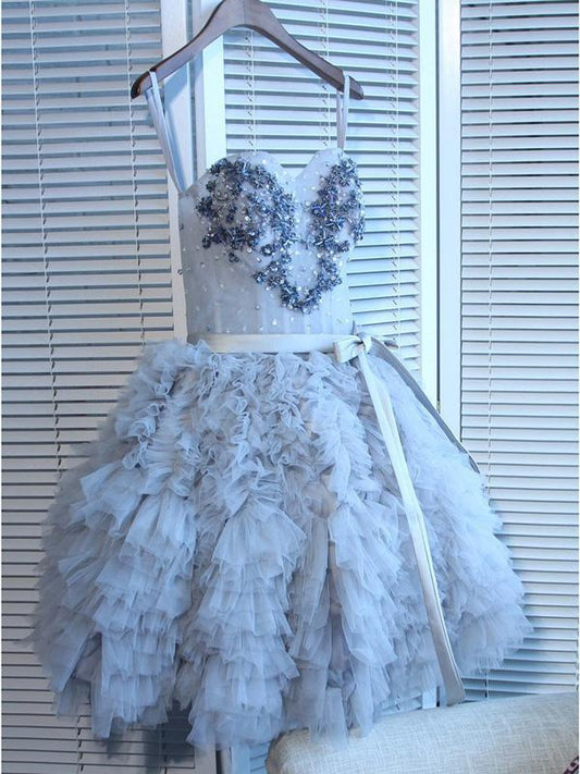 Stylish Sky Blue Short Homecoming Dresses With Spaghetti Straps, A-Line Juniors Dresses With Appliques CD592