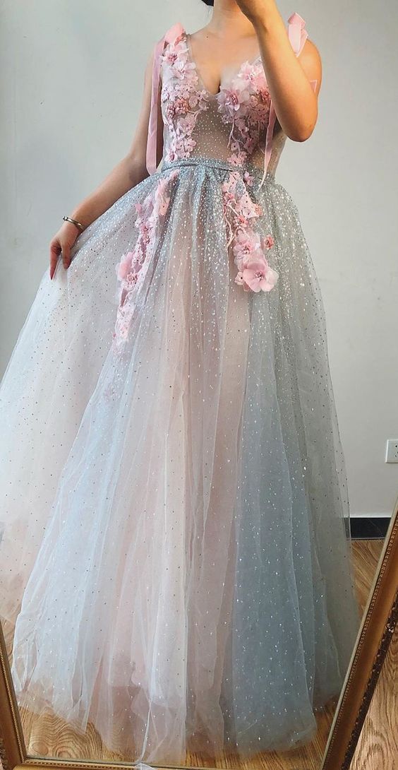 A-line V neck Beaded Pink Long Prom Dresses With Floral Beautiful Evening Gowns CD5949