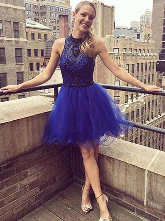 Royal Blue Short Beading Homecoming Dresses With Halter Neckline, Affordable Homecoming Dresses CD597