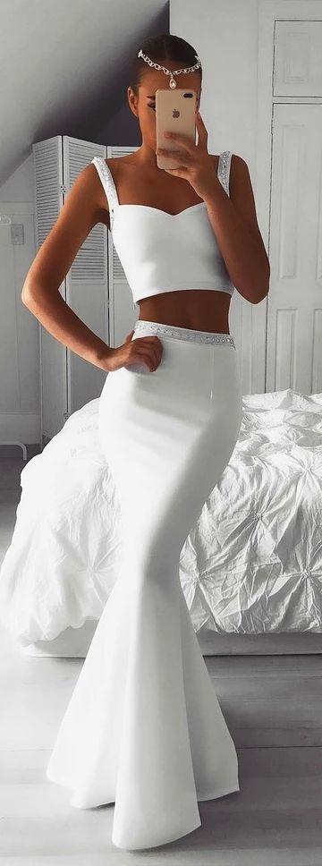 White Beaded Two-Piece Long Prom Dress CD5990