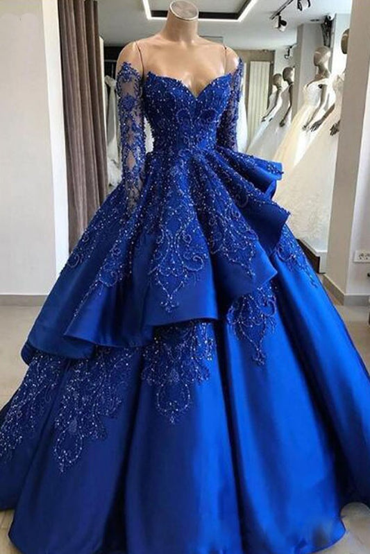 Unique blue lace long prom dress, blue long evening dress CD602