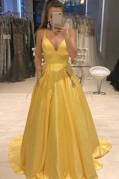 Elegant Yellow Spaghetti Straps A Line Satin V Neck Prom Dresses with Beads Pockets CD6041