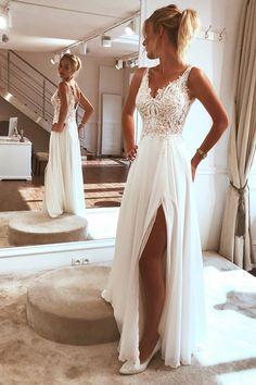 Charming Spaghetti straps Appliques Lace prom Dress, Split Chiffon Beach Wedding Dress CD6054