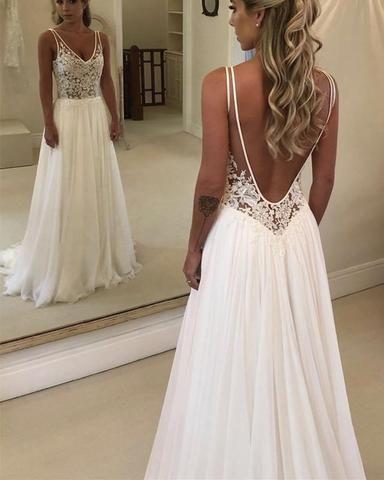 Charming See Through Lace Bodice Chiffon V-neck prom Dresses, Backless with Train Beach Wedding Dresses CD6055