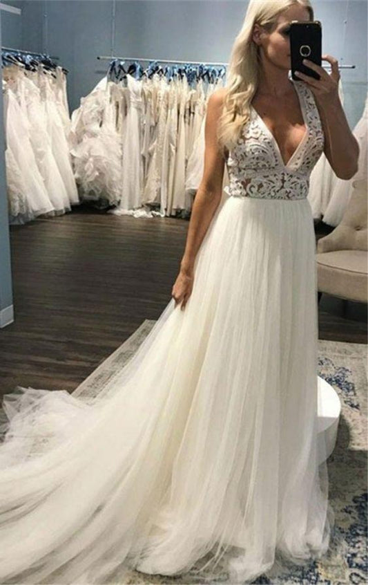 A-Line Deep V-Neck Sweep Train Beach Wedding prom Dress with Lace CD6070