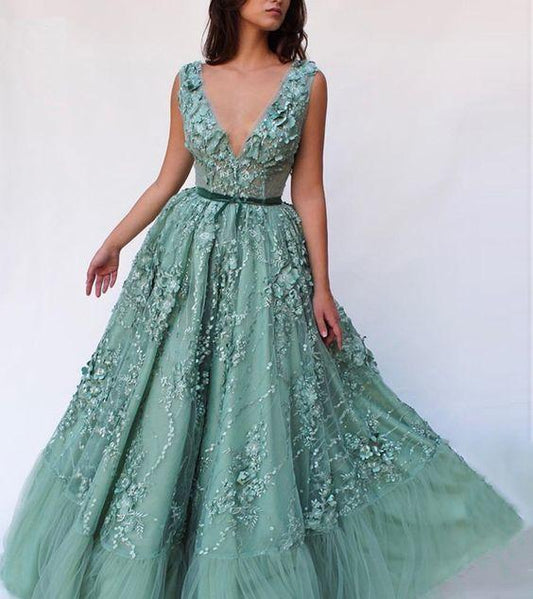 New 3D Lace Applique Green Tulle V Neck Long Evening Dress, Formal Prom Dress CD6080