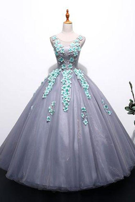 Unique gray tulle long winter formal prom dress with appliqués, long plus size prom gown CD6081