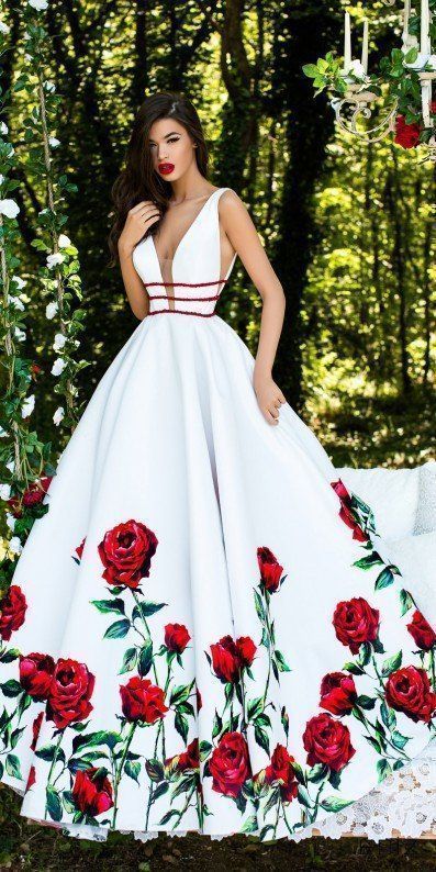 Plunging Rose Print Beaded Ball Gown prom dress CD609