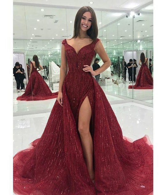 A line burgundy prom dress with side slit CD6108