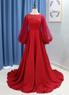 Burgundy Satin Long Sleeve Open Back A Line Evening Dress, Formal prom Dress CD6115