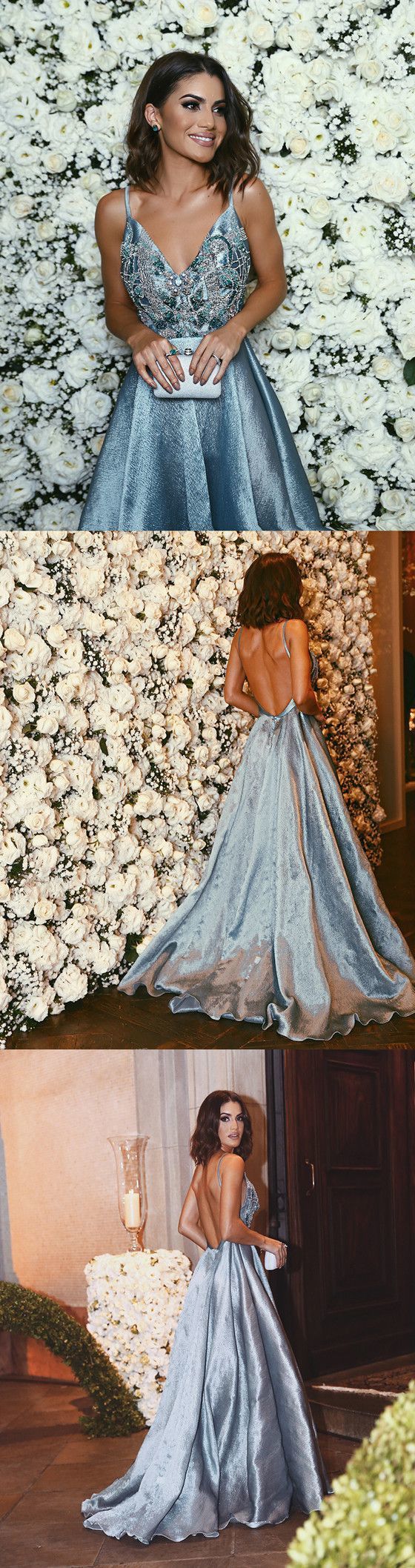 Luxurious A-line Straps Blue Formal Evening Dress, Sexy Backless Beaded Deep V Neckline prom dresses CD614
