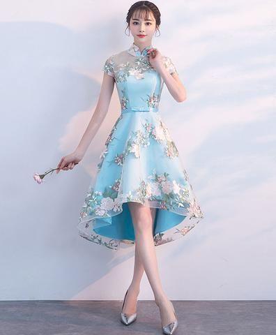 Unique Blue Tulle Embroidery Short Prom Dress, Blue Evening Dress CD6224