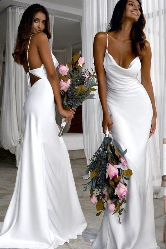 Cute Prom Dress, Sexy Slim White Wedding Dresses with Cowl Back CD6252