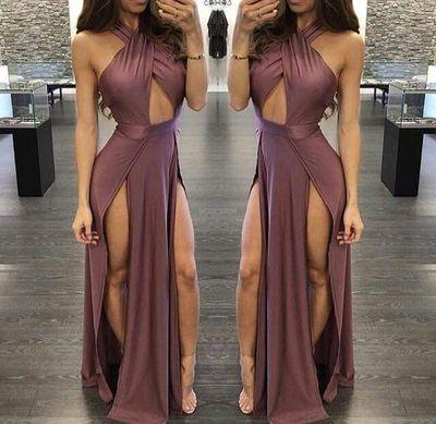 Sexy A Line Chiffon Prom Dress Halter Sleeveless Side Slit Evening Formal Gowns CD6256